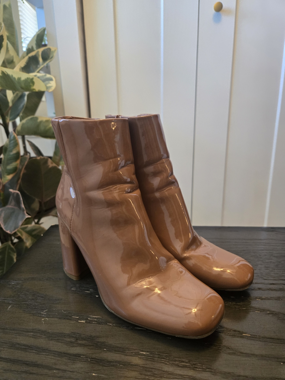 Madden Girl Glossy Cognac Patent Block Heel Ankle Boots